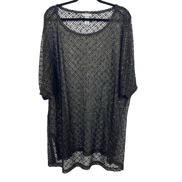 Catherines Black Open Knit Sequin Short Sleeve Shirt Metallic - Size 2X 22/24W - Picture 1 of 6